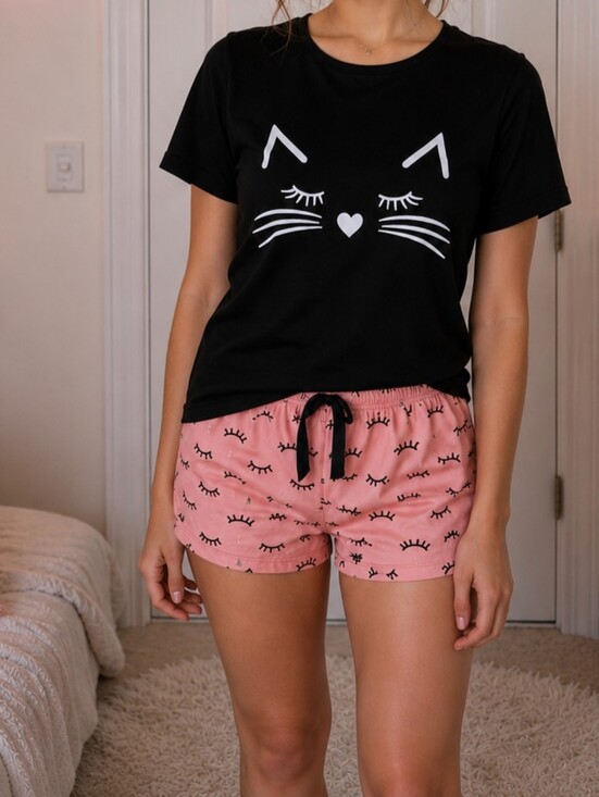 Other - Girl's 2 Piece Cat Face Pajama Short Sleep Lounge Tee Set Black/Pink